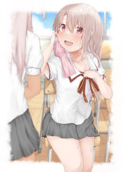 Rule 34 | 2girls, absurdres, adjusting clothes, arm up, blue sky, blurry, blurry background, blurry foreground, blush, border, breasts, chair, chloe von einzbern, classroom, cleavage, cloth, collarbone, collared shirt, dark-skinned female, dark skin, day, desk, fate/kaleid liner prisma illya, fate (series), female focus, grey skirt, hand up, happy, highres, holding, homurahara academy school uniform, hot, illyasviel von einzbern, indoors, legs together, long hair, looking at another, looking up, miniskirt, multiple girls, neck ribbon, on chair, open mouth, outside border, pink hair, platinum blonde hair, pleated skirt, red eyes, red ribbon, ribbon, school chair, school desk, school uniform, seven d3t, shirt, short sleeves, sidelocks, sitting, skirt, sky, small breasts, smile, solo focus, standing, steam, steaming body, sweat, white border, white shirt, window