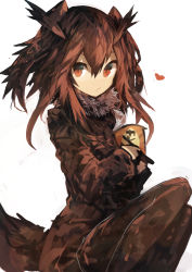 Rule 34 | 1girl, absurdres, arched back, bird tail, bird wings, brown coat, brown hair, brown legwear, chopsticks, coat, commentary request, cup, disposable cup, eurasian eagle owl (kemono friends), feet out of frame, fur-trimmed coat, fur collar, fur trim, hair between eyes, heart, highres, holding, holding chopsticks, holding cup, instant curry rice, kaamin (mariarose753), kemono friends, long sleeves, looking at viewer, owl ears, parted lips, red eyes, simple background, sitting, solo, white background, wings