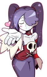 Rule 34 | 1girl, blowing kiss, blue skin, blush, colored skin, detached collar, detached sleeves, dress, closed eyes, hair over one eye, heart, highres, inarou (rakugakiproject), purple hair, skull, skullgirls, solo, squigly (skullgirls), stitched mouth, stitches, twintails, zombie