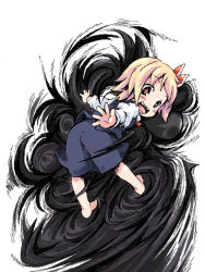 Rule 34 | + +, 1girl, barefoot, blonde hair, child, darkness, female focus, full body, ham (points), looking back, open mouth, ribbon, rumia, smile, solo, touhou, white background