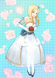 Rule 34 | 1girl, :d, alternate costume, bad feet, bare shoulders, birthmark, blonde hair, blue background, blush, bouquet, bridal gauntlets, bride, bubble skirt, detached sleeves, dress, drill hair, emmeryn (fire emblem), facial mark, fire emblem, fire emblem awakening, flower, forehead mark, frills, full body, gloves, green eyes, happy, holding, long dress, long hair, looking at viewer, mary janes, nintendo, open mouth, pantyhose, parted bangs, pigeon-toed, pink flower, pink rose, plaid, plaid background, red flower, red rose, ribbon, rose, sash, see-through, shoes, skirt, smile, solo, standing, teeth, wedding dress, white pantyhose