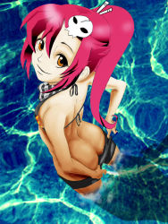 Rule 34 | 1girl, alternate breast size, ass, beach, bikini pull, breasts, butt crack, clothes pull, downpants, highres, legs, looking at viewer, ocean, ponytail, red hair, small breasts, smile, solo, tengen toppa gurren lagann, thighs, undressing, water, yoko littner
