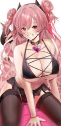 Rule 34 | 1girl, black choker, blue archive, breasts, choker, collarbone, curly hair, demon tail, double bun, fang, garter belt, garter straps, hair bun, heart, highres, horns, jewelry, keita (kmfirstday), kirara (blue archive), large breasts, long hair, navel, pink hair, red eyes, ring, simple background, sitting, smile, solo, stomach, tail, thighhighs, very long hair, white background