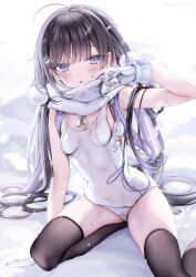 Rule 34 | 1girl, backpack, bag, black hair, black thighhighs, blue eyes, blunt bangs, blush, breasts, commentary request, covered navel, crime prevention buzzer, gloves, hair ornament, heart, heart hair ornament, highres, long hair, looking at viewer, one-piece swimsuit, open mouth, original, partial commentary, randoseru, revision, scarf, sitting, small breasts, solo, sweat, swimsuit, thighhighs, thighs, twintails, twitter username, very long hair, whistle, whistle around neck, white gloves, white one-piece swimsuit, white scarf, yunmi 0527