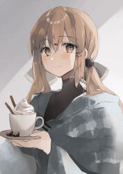 Rule 34 | 1girl, black bow, blue shawl, blush, bow, brown eyes, brown hair, closed mouth, cup, food, hair between eyes, hair bow, hatomaru (hatomaru56), highres, holding, holding plate, kantai collection, long hair, looking at viewer, low twintails, plate, shawl, smile, solo, tashkent (kancolle), twintails, upper body