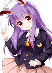 Rule 34 | 1girl, animal ears, blazer, buttons, carrot, clenched hand, closed mouth, collared shirt, crescent, crescent pin, head tilt, highres, index finger raised, jacket, long hair, long sleeves, necktie, pink skirt, pleated skirt, purple hair, rabbit ears, red eyes, red necktie, reisen udongein inaba, ruu (tksymkw), shirt, simple background, skirt, smile, solo, standing, touhou, white background, white shirt