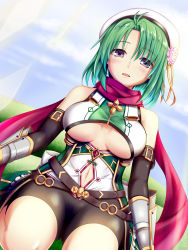 Rule 34 | 1girl, arm belt, back bow, bare shoulders, belt, beret, bike shorts, blue sky, blush, bow, breasts, brown belt, brown gloves, bush, clothing cutout, cloud, commentary request, cowboy shot, dutch angle, elbow gloves, flower, flower knight girl, gauntlets, gloves, green hair, green shirt, grey eyes, hair between eyes, hat, hat flower, highres, lens flare, looking at viewer, medium breasts, medium hair, navel, navel cutout, nyabe, open mouth, red scarf, saboten (flower knight girl), scarf, seiza, shiny clothes, shirt, sidelocks, sitting, sky, sleeveless, sleeveless shirt, smile, solo, thighs, two-tone shirt, underboob, underboob cutout, white bow, white hat, white shirt