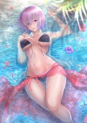 Rule 34 | 1girl, absurdres, alternate costume, bare shoulders, bikini, black bikini, blush, breasts, cleavage, collarbone, fate/grand order, fate (series), hair over one eye, highres, huge filesize, large breasts, light purple hair, looking at viewer, mash kyrielight, navel, penguintake, print bikini, purple eyes, see-through, see-through sarong, shirt, short hair, solo, stomach, swimsuit, thighhighs, untied bikini, water, wet, wet clothes, wet shirt