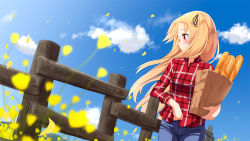 Rule 34 | 1girl, ame., azur lane, bag, baguette, black ribbon, blonde hair, blue pants, blue sky, blurry, blurry foreground, blush, bread, cleveland (azur lane), closed mouth, cloud, collared shirt, commentary request, day, denim, depth of field, dress shirt, fence, flower, food, grocery bag, hair ribbon, holding, holding bag, jeans, long hair, looking away, looking to the side, one side up, outdoors, pants, paper bag, petals, plaid, plaid shirt, profile, red eyes, red shirt, ribbon, shirt, shopping bag, sky, smile, solo, very long hair, wind, yellow flower