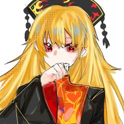 Rule 34 | 1girl, black headwear, black shirt, blonde hair, breasts, chinese commentary, commentary request, er wuyun, hand mouth, junko (touhou), long hair, long sleeves, medium breasts, pale skin, phoenix crown, portrait, red eyes, red tabard, shirt, simple background, solo, tabard, touhou, two-sided sleeves, white background, wide sleeves