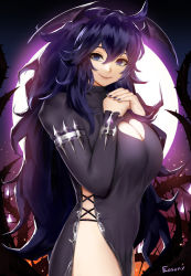 Rule 34 | 1girl, alternate breast size, backlighting, breasts, cleavage, cleavage cutout, closed mouth, clothing cutout, cowboy shot, creatures (company), cross-laced slit, easonx, full moon, game freak, halloween, head wings, heart cutout, hex maniac (pokemon), highres, large breasts, long hair, looking at viewer, moon, night, nintendo, own hands together, pokemon, pokemon xy, purple eyes, purple hair, side slit, smile, solo, very long hair, wings