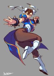 Rule 34 | 1girl, artist name, bad id, bad twitter id, boots, bracelet, breasts, brown eyes, brown hair, capcom, chinese clothes, chun-li, closed mouth, commentary request, double bun, full body, grey background, hair bun, highres, jewelry, knee boots, kotatsu (g-rough), leg up, lips, looking at viewer, makeup, medium breasts, pantyhose, puffy short sleeves, puffy sleeves, short sleeves, signature, simple background, solo, spiked bracelet, spikes, street fighter, thighs, white footwear