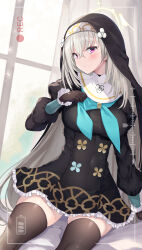Rule 34 | 1girl, absurdres, black dress, black gloves, black thighhighs, blue archive, blue neckerchief, breasts, closed mouth, commentary request, curtains, dress, frilled dress, frills, gloves, grey hair, habit, hair between eyes, halo, highres, large breasts, long hair, long sleeves, looking at viewer, neckerchief, nun, ochinsama, puffy long sleeves, puffy sleeves, purple eyes, sakurako (blue archive), solo, thighhighs, veil, very long hair, window