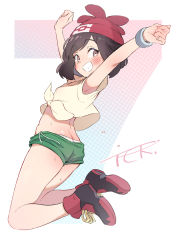 Rule 34 | 1girl, arms up, beanie, black hair, blush, bracelet, brown eyes, butt crack, commentary request, creatures (company), eyelashes, full body, game freak, green shorts, hat, jewelry, looking back, nintendo, pokemon, pokemon sm, red hat, selene (pokemon), shiny skin, shirt, shoes, short shorts, short sleeves, shorts, signature, smile, solo, sweat, teeth, ter (otokoter), tied shirt, yellow shirt