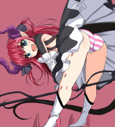 Rule 34 | ass, bent over, blue eyes, dragon tail, elizabeth bathory (fate), elizabeth bathory (fate/extra ccc), elizabeth bathory (first ascension) (fate), fang, fate (series), high heels, horns, long hair, looking at viewer, looking back, naitou kouse, panties, pink background, pink hair, polearm, simple background, skirt, solo, spear, striped clothes, striped panties, tail, thighs, underwear, weapon