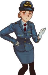 Rule 34 | 1girl, black pantyhose, blue hat, blue jacket, blue skirt, brown eyes, brown hair, closed mouth, formal, gloves, hair bun, hand on own hip, hat, highres, italian army, jacket, leaning forward, long sleeves, looking at viewer, military, military hat, military uniform, miniskirt, mossacannibalis, necktie, original, pantyhose, pencil skirt, red necktie, shirt, single hair bun, skirt, skirt suit, smile, solo, suit, uniform, white gloves, white shirt
