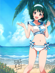 Rule 34 | 1girl, 2016, bare shoulders, beach, bikini, blue hairband, blue neckerchief, blue sailor collar, blue sky, breasts, clenched hand, cloud, collarbone, cowboy shot, day, dot nose, flower, green hair, hairband, hands up, horizon, idolmaster, idolmaster (classic), idolmaster million live!, idolmaster million live! theater days, large breasts, leaf, looking at viewer, mistrail, mole, mole under mouth, mountain, navel, neckerchief, ocean, open hand, open mouth, otonashi kotori, outdoors, palm tree, red eyes, sailor bikini, sailor collar, sailor swimsuit (idolmaster), short hair, side-tie bikini bottom, signature, sky, smile, solo, standing, swimsuit, tree, white bikini