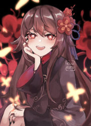 Rule 34 | 1girl, artist name, black background, black nails, blush, brooch, brown hair, bug, butterfly, coat, collared coat, commentary request, flower, flower-shaped pupils, genshin impact, hair flower, hair ornament, hu tao (genshin impact), insect, jewelry, kuurimuart, long hair, long sleeves, looking at viewer, nail polish, open mouth, red eyes, red flower, red shirt, ring, shirt, simple background, smile, solo, symbol-shaped pupils