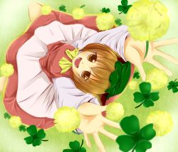 Rule 34 | 1girl, animal ears, arms up, brown eyes, brown hair, cat ears, cat girl, chen, clover, dress, female focus, four-leaf clover, from above, happy, hat, ireland, kneeling, looking up, open mouth, outstretched arms, rikkunia, smile, solo, touhou