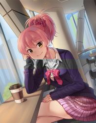 Rule 34 | 1girl, blush, bow, breasts, closed mouth, coffee cup, collarbone, cup, disposable cup, hair bow, idolmaster, idolmaster cinderella girls, indoors, jougasaki mika, kamille (vcx68), long sleeves, looking at viewer, medium breasts, pink bow, pink hair, pink skirt, short hair, sitting, skirt, smile, solo, yellow eyes