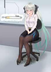 Rule 34 | 1girl, absurdres, belt, between legs, black bow, black footwear, black pantyhose, black skirt, blue eyes, blue hair, blue trim, blush, bow, braid, breasts, buttons, chair, collarbone, collared shirt, embarrassed, fate/grand order, fate (series), female focus, full body, gameplay mechanics, gradient hair, grey hair, hair bow, hand between legs, have to pee, high heels, highres, ikayaki-san, indoors, knees together feet apart, long hair, long sleeves, looking down, medium breasts, miniskirt, morgan le fay (fate), multicolored hair, nose blush, office chair, office lady, on chair, open mouth, pantyhose, pee, peeing, peeing self, pencil skirt, ponytail, puddle, shirt, shirt tucked in, shoes, side slit, sidelocks, sitting, skirt, solo, swivel chair, textless version, two-tone hair, urine meter, very long hair, wet, wet clothes, white shirt
