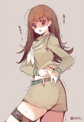 Rule 34 | 10s, 1girl, brown eyes, brown hair, highres, kantai collection, long hair, md5 mismatch, midriff, ooi (kancolle), remodel (kantai collection), school uniform, serafuku, shaded face, solo, sumisu (mondo), turn pale, weight conscious