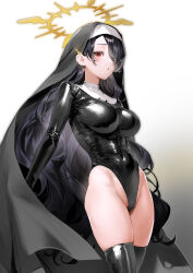 Rule 34 | 1girl, absurdres, black hair, black leotard, black thighhighs, blue archive, blush, breasts, covered navel, earrings, gloved sleeves, habit, hair over one eye, halo, highleg, highleg leotard, highres, hinata (blue archive), jewelry, justina follower (blue archive), kuroi suna, large breasts, latex, latex leotard, latex thighhighs, leotard, long hair, long sleeves, looking at viewer, nun, red eyes, solo, swept bangs, thighhighs, thighs