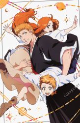 Rule 34 | 1girl, 2boys, artist name, black hakama, bleach, brown eyes, brown footwear, carrying, carrying over shoulder, carrying person, carrying under arm, cowboy shot, dutch angle, family, father and son, full body, hakama, highres, inoue orihime, japanese clothes, kurosaki ichigo, kurosaki kazui, light brown skirt, long hair, long sleeves, looking at viewer, mother and son, multiple boys, open mouth, orange hair, rozuberry, shoes, short hair, skirt, standing, teeth, upper teeth only, wide sleeves