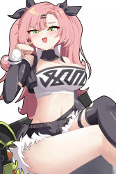 Rule 34 | 1girl, :3, :d, bare shoulders, black jacket, black ribbon, black shorts, black thighhighs, blush, breasts, commentary, cropped jacket, cutoffs, detached collar, feet out of frame, green eyes, hair ornament, hair ribbon, hairclip, hand up, highres, jacket, large breasts, looking at viewer, marin liekuriva, midriff, mole, mole on breast, mole under eye, navel, nicole demara (zenless zone zero), open clothes, open jacket, open mouth, pink hair, ribbon, short shorts, shorts, simple background, sitting, smile, solo, stomach, strapless, thighhighs, thighs, tube top, two side up, white background, zenless zone zero