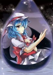 Rule 34 | 1girl, akisome hatsuka, arm up, ascot, bat wings, blue hair, facing away, fang, hand on own chest, hat, hat ribbon, light particles, mob cap, open hand, parted lips, pointy ears, puffy short sleeves, puffy sleeves, red eyes, remilia scarlet, ribbon, ripples, short hair, short sleeves, skirt, skirt set, solo, touhou, two-tone background, water, water drop, wings, wrist cuffs
