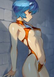 Rule 34 | 1girl, arched back, areola slip, ayanami rei, bad id, bad twitter id, blue hair, breasts, cowboy shot, interface headset, leaning back, looking at viewer, neon genesis evangelion, one-piece swimsuit, optionaltypo, red eyes, revealing clothes, short hair, small breasts, solo, stomach, swimsuit, zipper pull tab