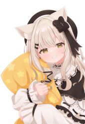Rule 34 | 1girl, animal ears, capelet, cat ears, cat girl, dress, frilled capelet, frills, grey hair, grin, hat, highres, indie virtual youtuber, long hair, long sleeves, looking at viewer, nekodo oyuchi, hugging object, pillow, pillow hug, shirochimaki, smile, transparent background, virtual youtuber, white dress, yellow eyes