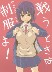 Rule 34 | 1girl, black eyes, blazer, blue jacket, blue skirt, blunt bangs, bob cut, borrowed character, breasts, brown sweater vest, commentary, cowboy shot, dress shirt, frown, hair strand, jacket, large breasts, long sleeves, looking at viewer, makino himeko (mos yen), mhjk (mos yen), necktie, open clothes, open jacket, opened by self, oteruko (wanabeee), pleated skirt, purple hair, red background, red necktie, school uniform, serious, shirt, short hair, skirt, solo, sweater vest, translated, v-shaped eyebrows, white shirt