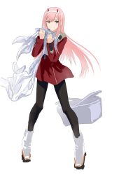 Rule 34 | 1girl, :d, bad id, bad twitter id, black pantyhose, blunt bangs, boots, bullfalk, darling in the franxx, dress, full body, green eyes, grin, hairband, highres, holding, horns, legs apart, long hair, long sleeves, looking at viewer, open mouth, pantyhose, picnic basket, pink hair, red dress, red horns, short dress, simple background, small horns, smile, solo, standing, swept bangs, two-handed, very long hair, white background, white footwear, white hairband, zero two (darling in the franxx)