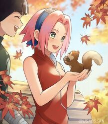 Rule 34 | 1boy, 1girl, bandaged arm, bandages, bare shoulders, black hair, blue hairband, closed eyes, green eyes, hairband, haruno sakura, leaf, maple leaf, naruto, naruto (series), open mouth, pink hair, rock lee, short hair, source request, squirrel, thick eyebrows