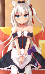 Rule 34 | 1girl, :t, american flag, american flag print, animal ear fluff, animal ears, apron, azur lane, bad id, bad pixiv id, bare shoulders, black bow, black dress, black sleeves, blue eyes, blush, bow, cat ears, cat hair ornament, choker, closed mouth, collarbone, commentary request, couch, detached sleeves, dress, flag print, frilled dress, frills, hair bow, hair ornament, hair ribbon, hammann (azur lane), highres, indoors, izu (isyu0 0), long hair, looking at viewer, on couch, one side up, pantyhose, pillow, pout, puffy short sleeves, puffy sleeves, purple bow, red choker, red ribbon, ribbon, short sleeves, silver hair, sitting, solo, v-shaped eyebrows, v arms, very long hair, waist apron, white apron, white pantyhose, wrist cuffs