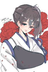 Rule 34 | 1girl, breasts, brown eyes, brown hair, dated, flower, highres, japanese clothes, kaga (kancolle), kantai collection, large breasts, long hair, looking at viewer, muneate, petals, rokukun, rose, side ponytail, simple background, smile, solo, tasuki, upper body, white background