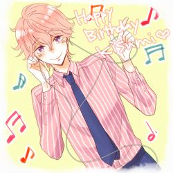 Rule 34 | 1boy, earphones, high speed!, male focus, necktie, pink hair, purple eyes, shigino kisumi