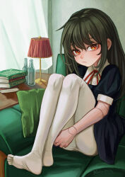 Rule 34 | 1girl, armchair, black hair, book, book stack, chair, closed mouth, curtains, doll joints, dress, expressionless, feet, glass bottle, hakai no ika, highres, hugging own legs, indoors, joints, lamp, long hair, original, pantyhose, puffy short sleeves, puffy sleeves, red eyes, short sleeves, signature, sitting, solo, table, white pantyhose