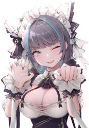 Rule 34 | 1girl, :3, ;d, azur lane, black ribbon, blue eyes, blue hair, blue nails, blunt bangs, blush, bow, breasts, cheshire (azur lane), cleavage, cleavage cutout, clothing cutout, commentary, dress, fang, frilled bow, frills, grey hair, hair bow, hair intakes, highres, large breasts, light blue hair, looking at viewer, maid headdress, medium hair, multicolored hair, nail polish, neck ribbon, one eye closed, open mouth, paw pose, ribbon, simple background, smile, solo, streaked hair, two-tone hair, upper body, white background, wing collar, wrist cuffs, yamiiv