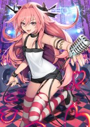 Rule 34 | &gt;:d, 1boy, absurdres, alternate hairstyle, astolfo (fate), astolfo (noisy obsession) (fate), bare shoulders, black bow, black collar, black shorts, blue nails, bow, bracelet, cable, checkered floor, collar, collarbone, fang, fate/grand order, fate (series), garter straps, hair between eyes, hair bow, hair intakes, heart, highres, idol, jewelry, long hair, male focus, microphone, monini, multicolored nails, nail polish, official alternate costume, pink eyes, pink hair, red nails, shirt, short shorts, shorts, solo, stage, standing, standing on one leg, striped clothes, striped thighhighs, tank top, thighhighs, thighs, torn clothes, torn thighhighs, trap, v-shaped eyebrows, very long hair, white shirt