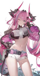 1girl absurdres aqua_hair arknights arknights:_endfield blue_eyes blush contrapposto finger_to_cheek gloves hair_intakes hair_ornament hand_on_own_hip highres horns kieed long_hair long_sleeves looking_at_viewer multicolored_hair multicolored_horns navel pink_hair pointy_ears puffy_long_sleeves puffy_sleeves see-through_clothes see-through_sleeves short_shorts shorts solo streaked_hair tail two-tone_gloves two-tone_horns very_long_hair white_shorts yvonne_(arknights)