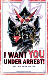 Rule 34 | 1boy, armband, artist name, chain, english text, fangs, glasses, gloves, hat, i want you, male focus, medal, mike luckas, military, military hat, military uniform, over justice, parody, pointing, pointing at viewer, poster (medium), poster (object), propaganda, skull, solo, sunglasses, triangular eyewear, trigger (company), uchuu patrol luluco, uniform, watermark, web address, white background