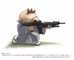 Rule 34 | 1boy, aiming, alternate costume, big nose, brown footwear, brown hair, closed eyes, commentary request, full body, grey hakama, grey kimono, grey sleeves, gun, hakama, hakama skirt, holding, holding gun, holding weapon, japanese clothes, kimono, layered sleeves, long sleeves, male focus, naru (wish field), nintendo, olimar, on one knee, pikmin (series), pointy ears, sandals, shadow, short hair, simple background, skirt, socks, solo, striped clothes, striped skirt, tabi, translation request, vertical-striped clothes, vertical-striped skirt, very short hair, weapon, weapon request, white background, white socks, wide sleeves, zouri