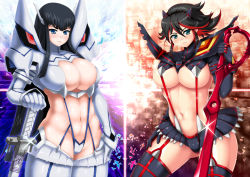 Rule 34 | 10s, 2girls, black hair, blue eyes, blush, boots, breasts, cleavage, cleavage cutout, clothing cutout, collage, eyebrows, hair ornament, hairclip, hairpods, hand on own hip, highres, huge breasts, junketsu, keiryu, kill la kill, kiryuuin satsuki, large breasts, long hair, matoi ryuuko, microskirt, midriff, multicolored hair, multiple girls, navel, planted, planted sword, planted weapon, plump, red eyes, revealing clothes, scissor blade (kill la kill), senketsu, short hair, siblings, sisters, skirt, suspenders, sword, thick eyebrows, thick thighs, thigh boots, thighhighs, thighs, two-tone hair, weapon