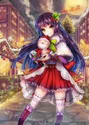 Rule 34 | 1girl, back bow, blue hair, boots, bow, cape, closed mouth, cloud, detached sleeves, floating hair, frilled thighhighs, frills, full moon, gradient hair, green eyes, knee boots, long hair, long sleeves, looking at viewer, miniskirt, moon, multicolored hair, night, outdoors, pleated skirt, purple footwear, purple hair, purple sleeves, red bow, red skirt, ribbon-trimmed legwear, ribbon trim, santa claus, sila (carpen), skirt, smile, solo, standing, tenka touitsu chronicle, thighhighs, very long hair, white thighhighs