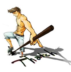 Rule 34 | 1boy, abs, axe, belt, blonde hair, character name, hand on own hip, lillil (1212neko), male focus, one piece, perspective, pointing, pompadour, scar, solo, standing, thatch, weapon