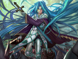 Rule 34 | 1boy, aqua eyes, aqua hair, armor, army, cape, dartz (yu-gi-oh!), feet out of frame, floating hair, heterochromia, holding, holding sword, holding weapon, jimaoxiaodi, long hair, long sleeves, looking at viewer, orichalcos, pauldrons, red eyes, shoulder armor, solo, sword, very long hair, weapon, yellow eyes, yu-gi-oh!, yu-gi-oh! duel monsters
