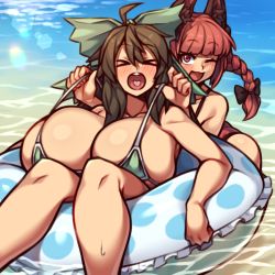 Rule 34 | 2girls, ;3, ;d, absurdres, ahoge, alternate costume, animal ear fluff, animal ears, ass, bare shoulders, bikini, black bow, blunt bangs, blush, bow, braid, breasts, breasts on lap, brown hair, cat ears, feet out of frame, green bow, hair between eyes, hair bow, hair ribbon, heart, heart in mouth, highres, huge breasts, innertube, kaenbyou rin, lens flare, long hair, looking at viewer, multiple girls, nikuatsu magician shinbo, one eye closed, open mouth, outdoors, red eyes, red hair, reiuji utsuho, ribbon, skindentation, smile, strap pull, swim ring, swimsuit, teeth, touhou, tress ribbon, twin braids, twintails, upper teeth only, xo