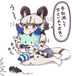 Rule 34 | 10s, 1girl, african wild dog (kemono friends), african wild dog print, animal ears, black hair, blush, bodystocking, brown eyes, chibi, controller, crying, crying with eyes open, dog ears, dog tail, dualshock, fang, flying sweatdrops, full body, game console, game controller, gamepad, glowing, glowing eyes, grey hair, holding, kemono friends, lucky beast (kemono friends), multicolored hair, no shoes, open mouth, playing games, playstation 4, playstation controller, shirt, short hair, short sleeves, shorts, simple background, sitting, sitting on lap, sitting on person, striped tail, tail, tanaka kusao, tears, toes, translation request, wariza, white background, white shirt